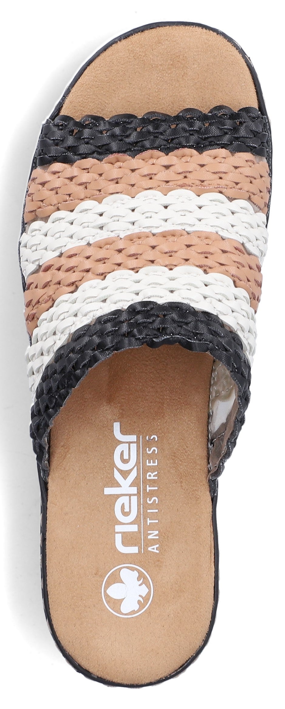 Sandals with black, peach and white woven straps.