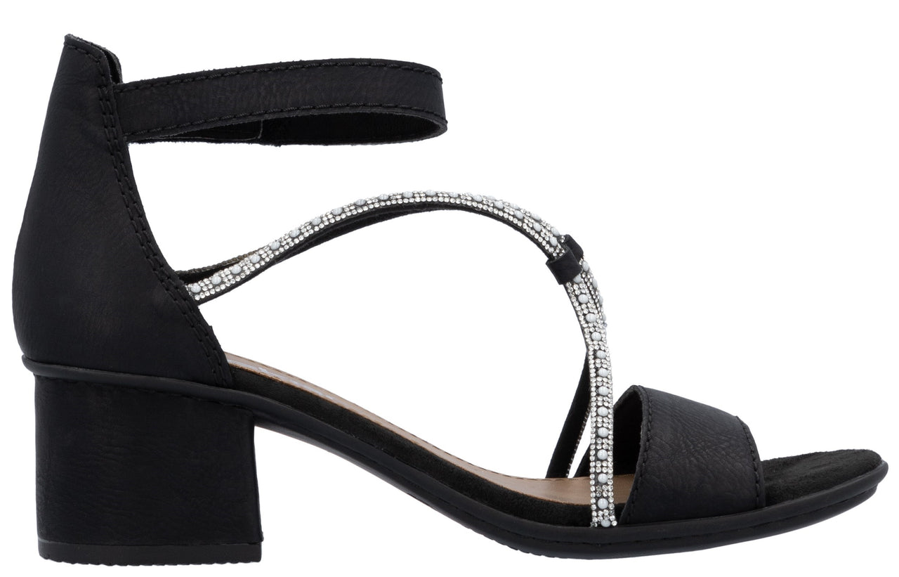 Black heeled sandal with ankle strap and crystal embellishments.