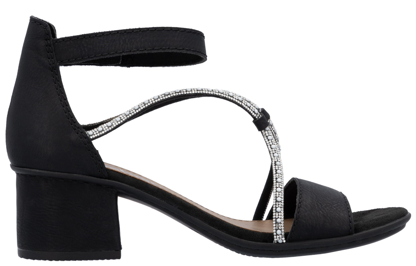 Black heeled sandal with ankle strap and crystal embellishments.