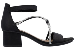 Black heeled sandal with ankle strap and crystal embellishments.