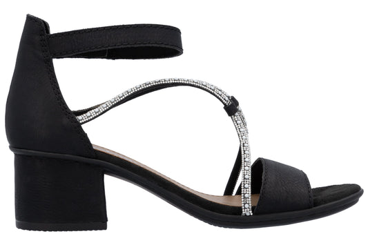 Black heeled sandal with ankle strap and crystal embellishments.