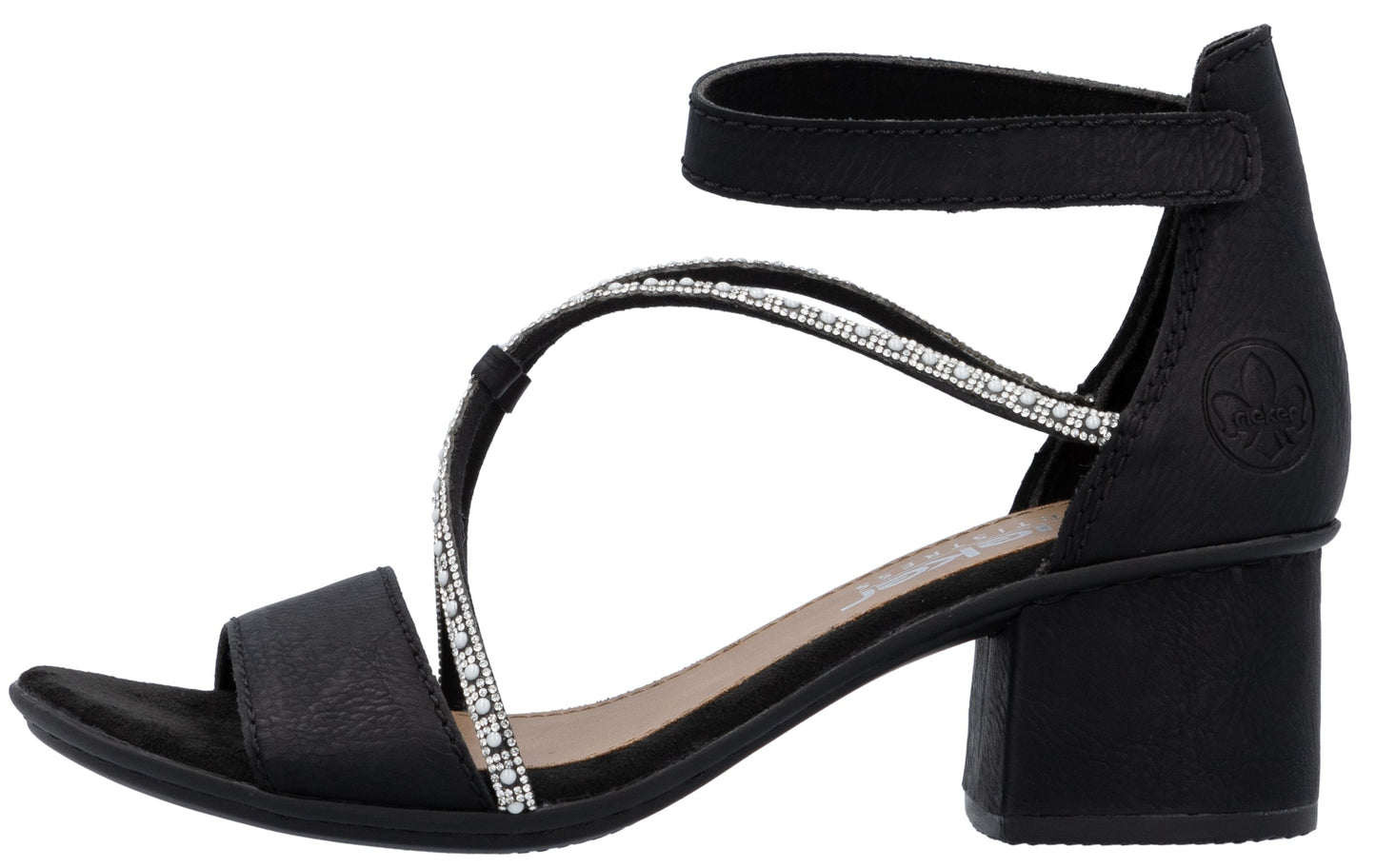 Black high-heeled sandal with ankle strap and jeweled straps.