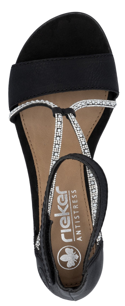 A black sandal with silver rhinestone straps.