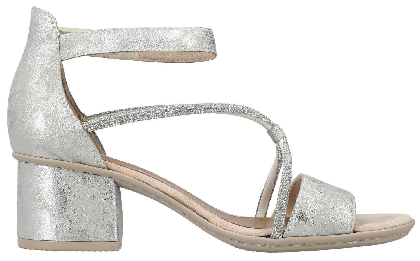 Silver heeled sandal with two straps on top of the foot and an ankle strap.
