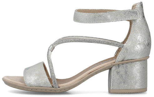 Silver open-toe heeled sandal with ankle strap.