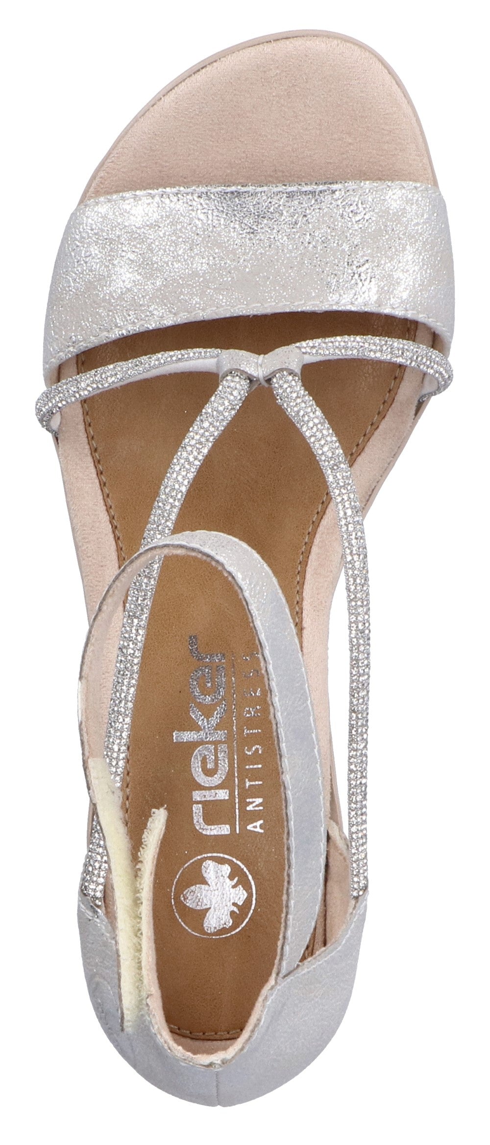Silver sandal with multiple straps.