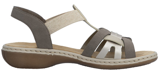 A sandal with woven straps in shades of gray and beige.