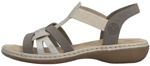 A sandal with interwoven straps in shades of beige and gray.