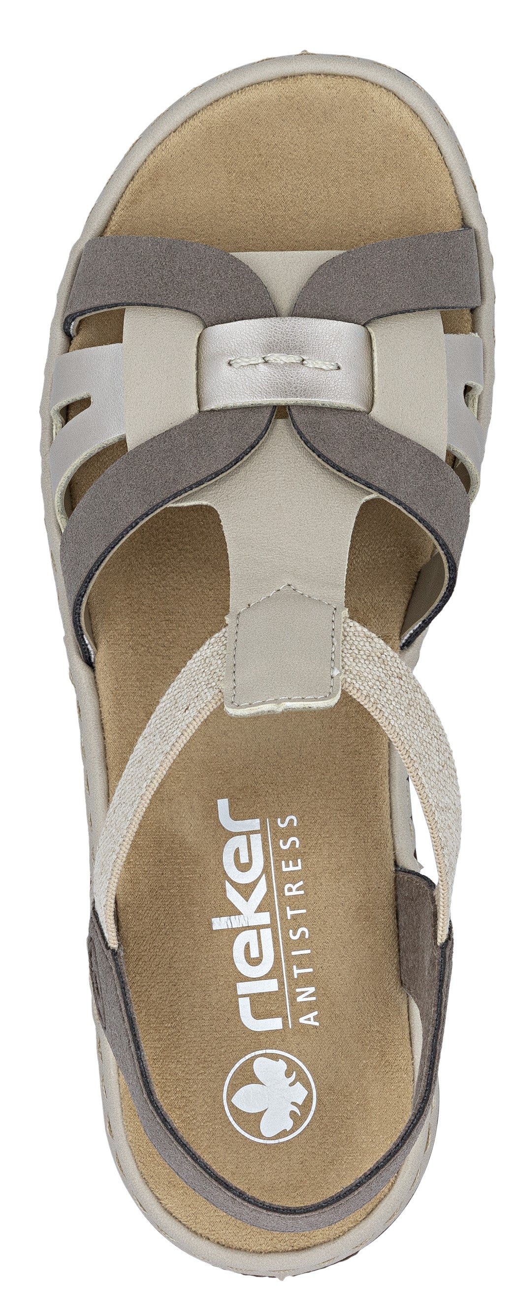A sandal with grey and cream straps.