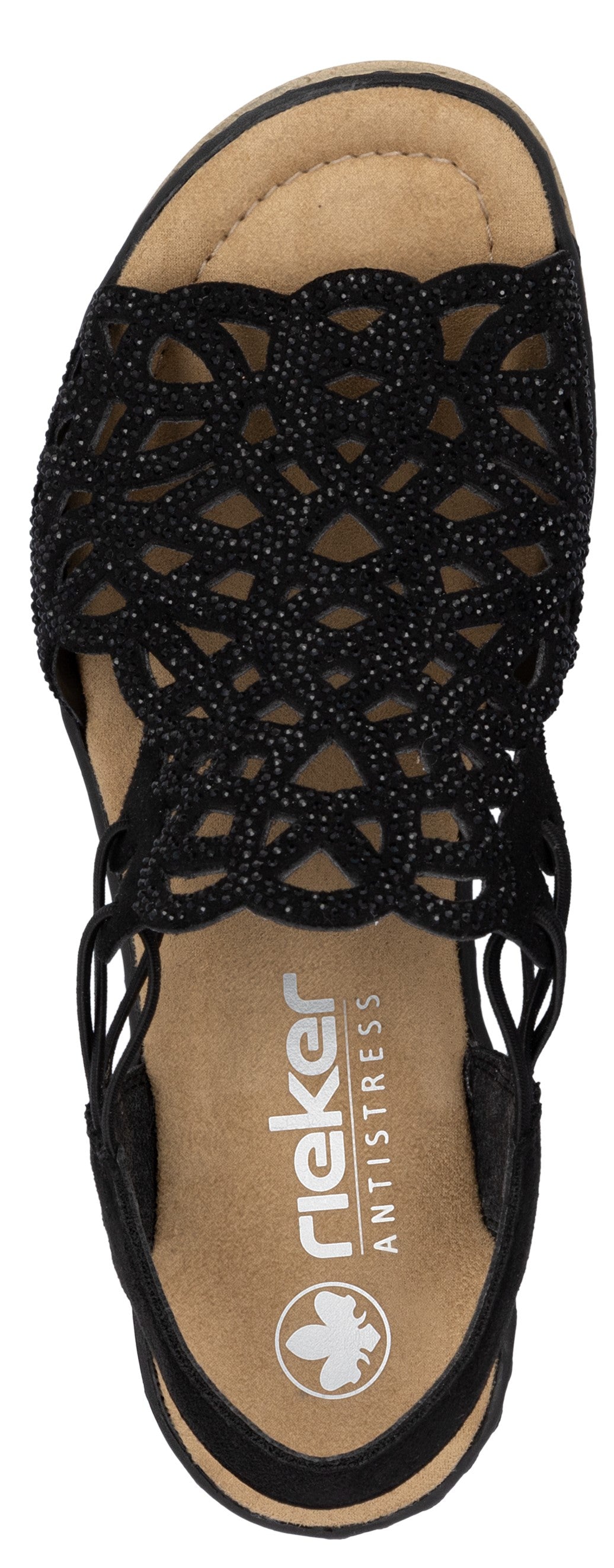 black sandal with an interwoven design and a rieker antistress insole