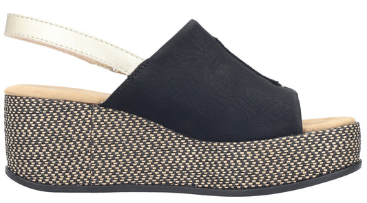 Black platform sandal with a woven platform and gold slingback strap.