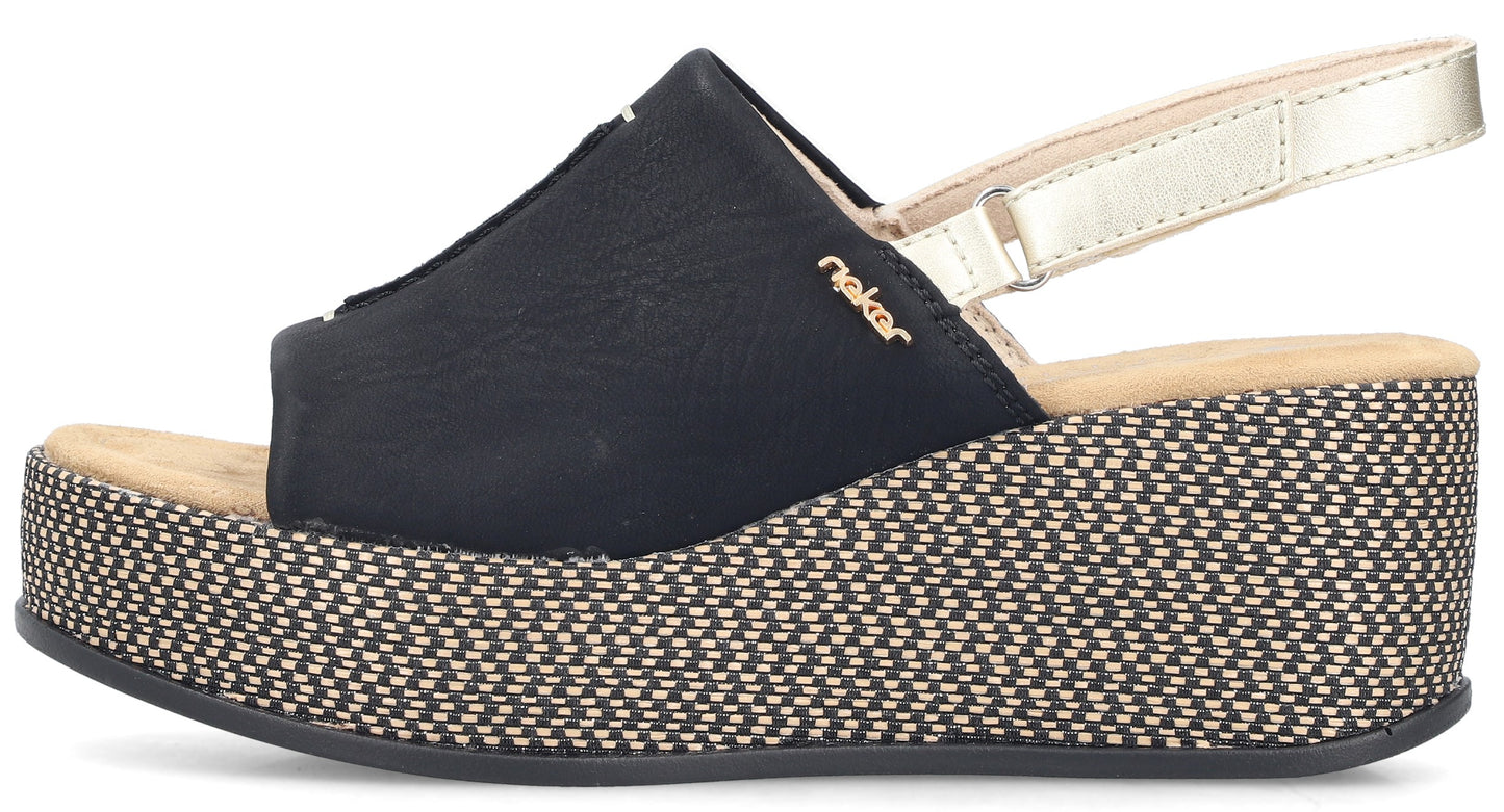 Black wedge sandal with gold ankle strap.