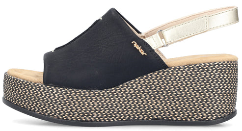 Black wedge sandal with gold ankle strap.