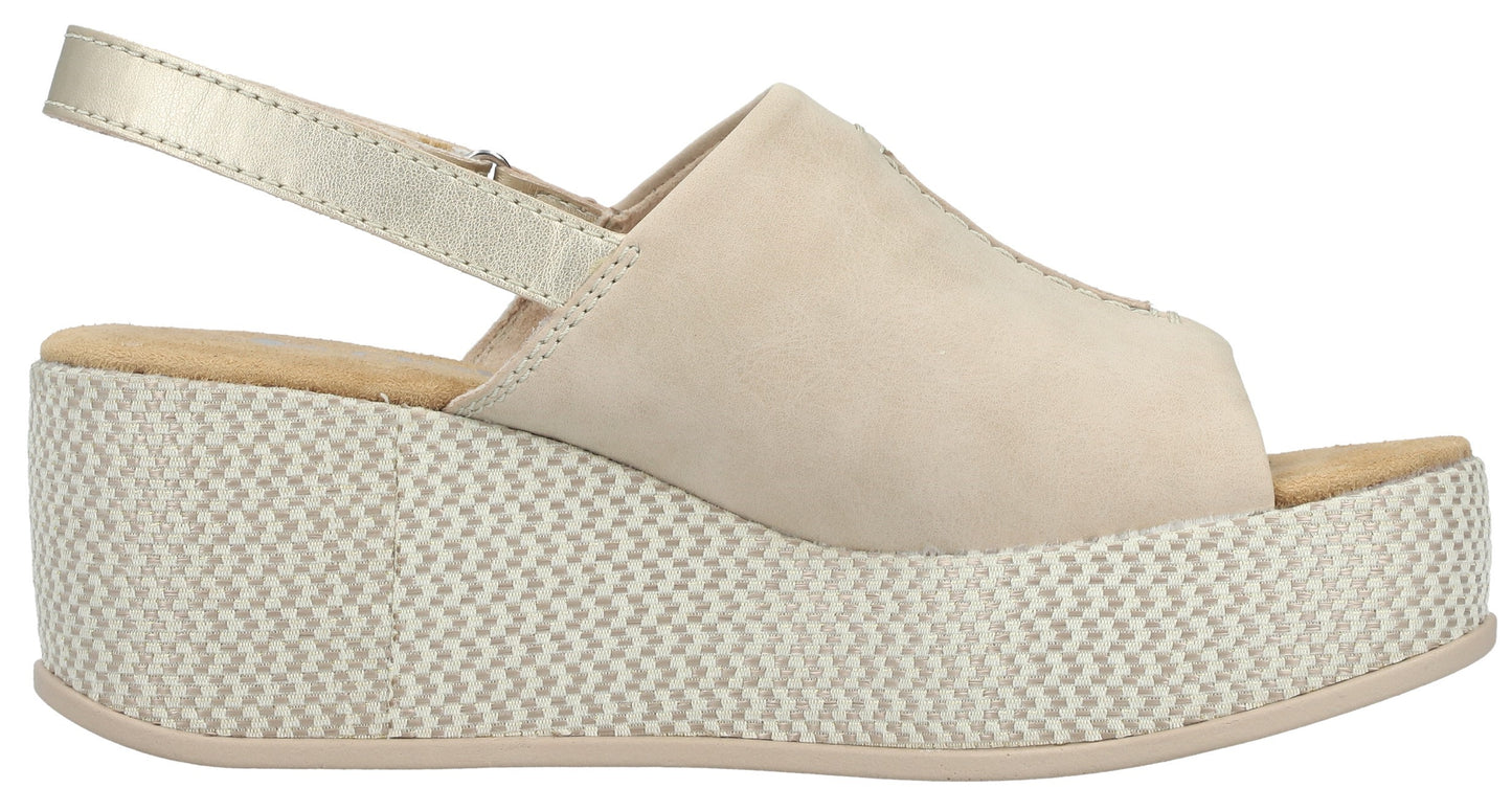 Platform sandal with a beige upper and cream and beige basket weave platform sole, and adjustable ankle strap.