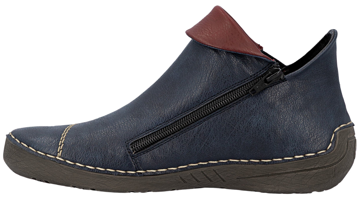 Low-profile navy blue boot with maroon, folded-over trim and a side zipper on a dark-brown sole.