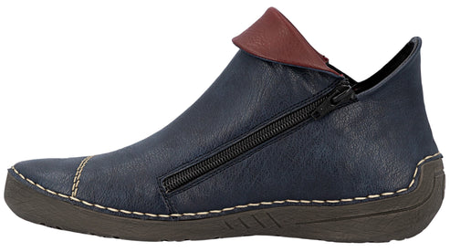 Low-profile navy blue boot with maroon, folded-over trim and a side zipper on a dark-brown sole.