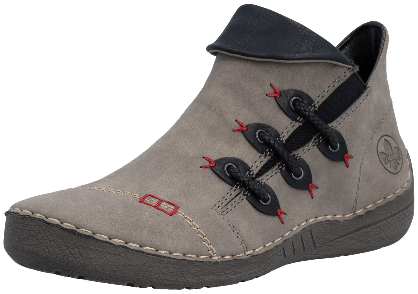 A gray ankle boot with a folded top collar, a textured rubber sole, and a decorative lace-up design with black tabs and small red stitching accents on the side and toe.