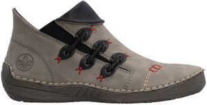 A gray ankle boot with a brown sole, featuring a unique lacing system with black lace loops and red stitch details, and a dark brown padded cuff at the collar.
