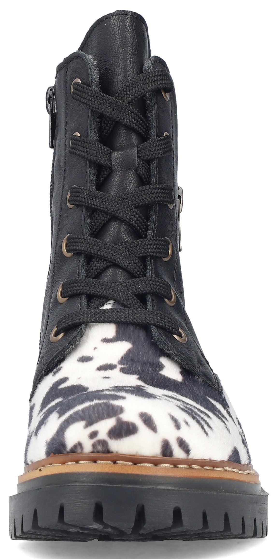 A black lace-up ankle boot with a cow-print toe and forefoot section, featuring a rugged black lug sole and a side zipper, viewed from the front.