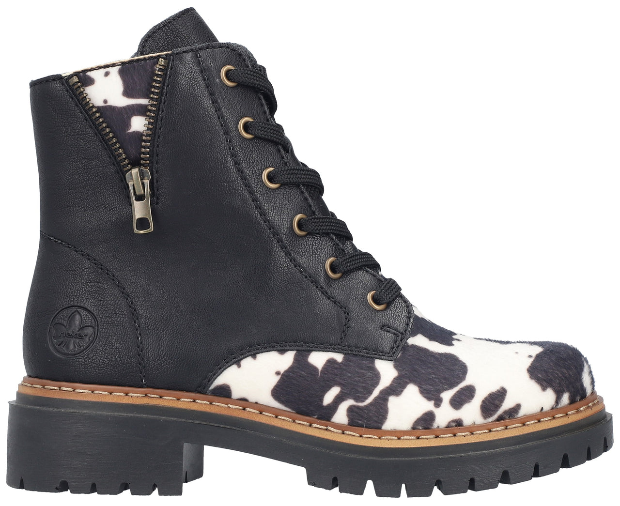 A black leather lace-up boot with a thick lugged sole, cow-print patterned panels on the toe and ankle, and a decorative gold-toned side zipper.