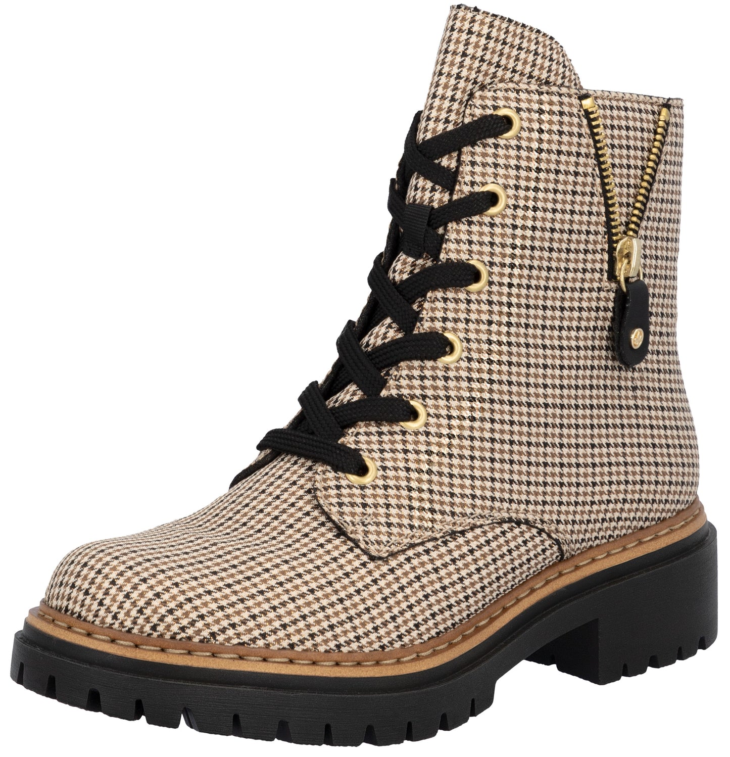 A beige and brown houndstooth pattern lace-up ankle boot with black laces, a gold-tone side zipper, and a chunky black lug sole.