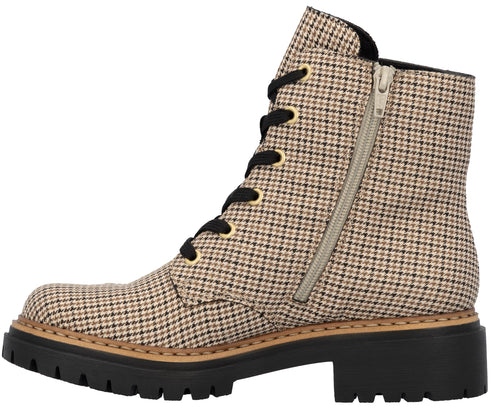 A tan and black houndstooth pattern ankle boot with black laces, a side zipper, and a thick black lugged sole.