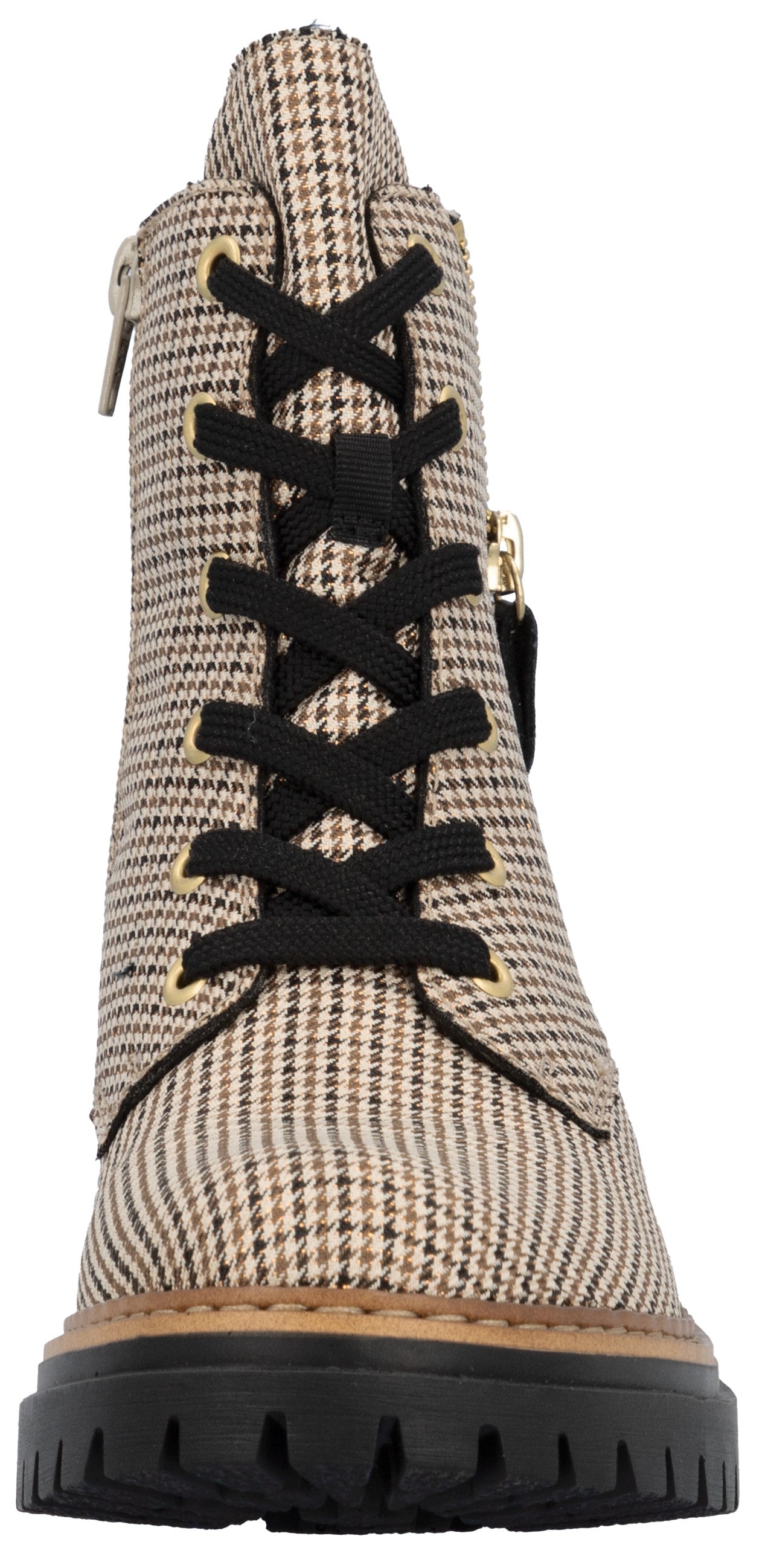 A houndstooth-patterned lace-up boot with a thick black lug sole, black laces, and a side zipper.