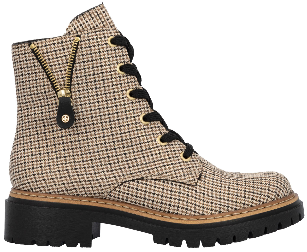 A houndstooth patterned lace-up ankle boot with black laces, gold eyelets, a thick black lug sole, and a decorative gold diagonal zipper detail on the outer side.