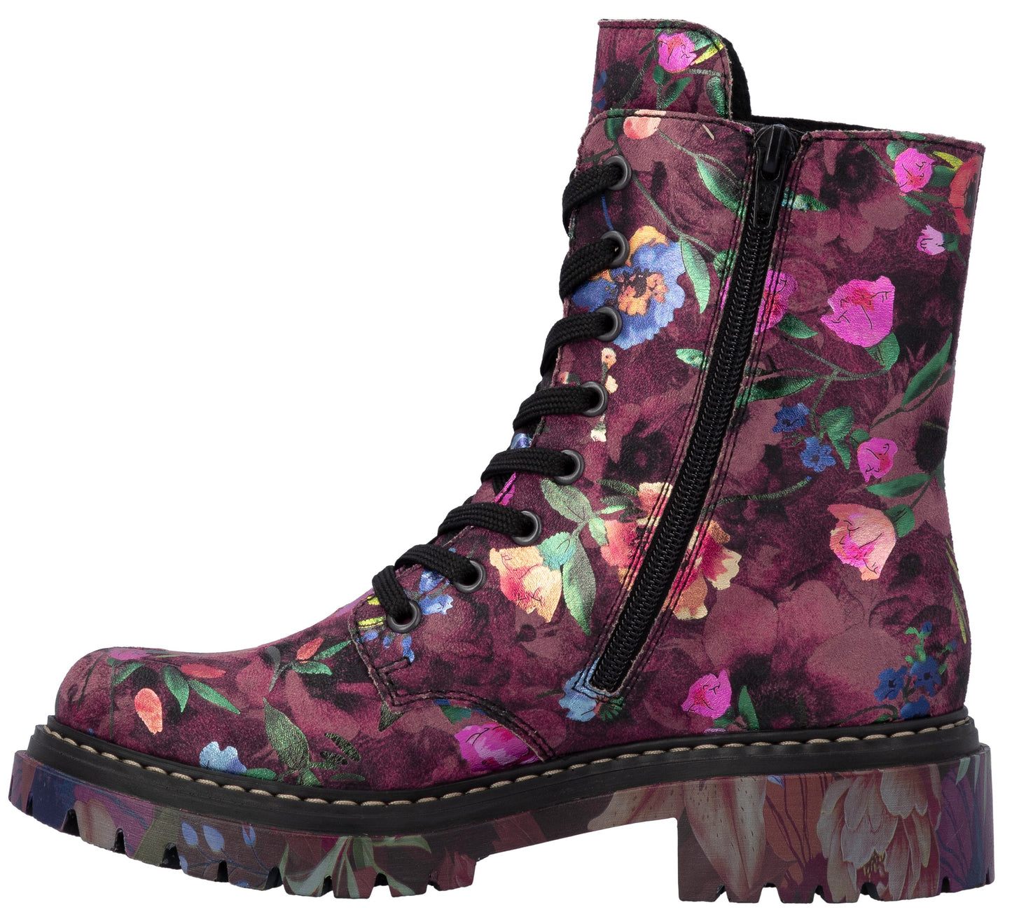 A floral-print lace-up combat boot with a side zipper and a chunky lug sole.