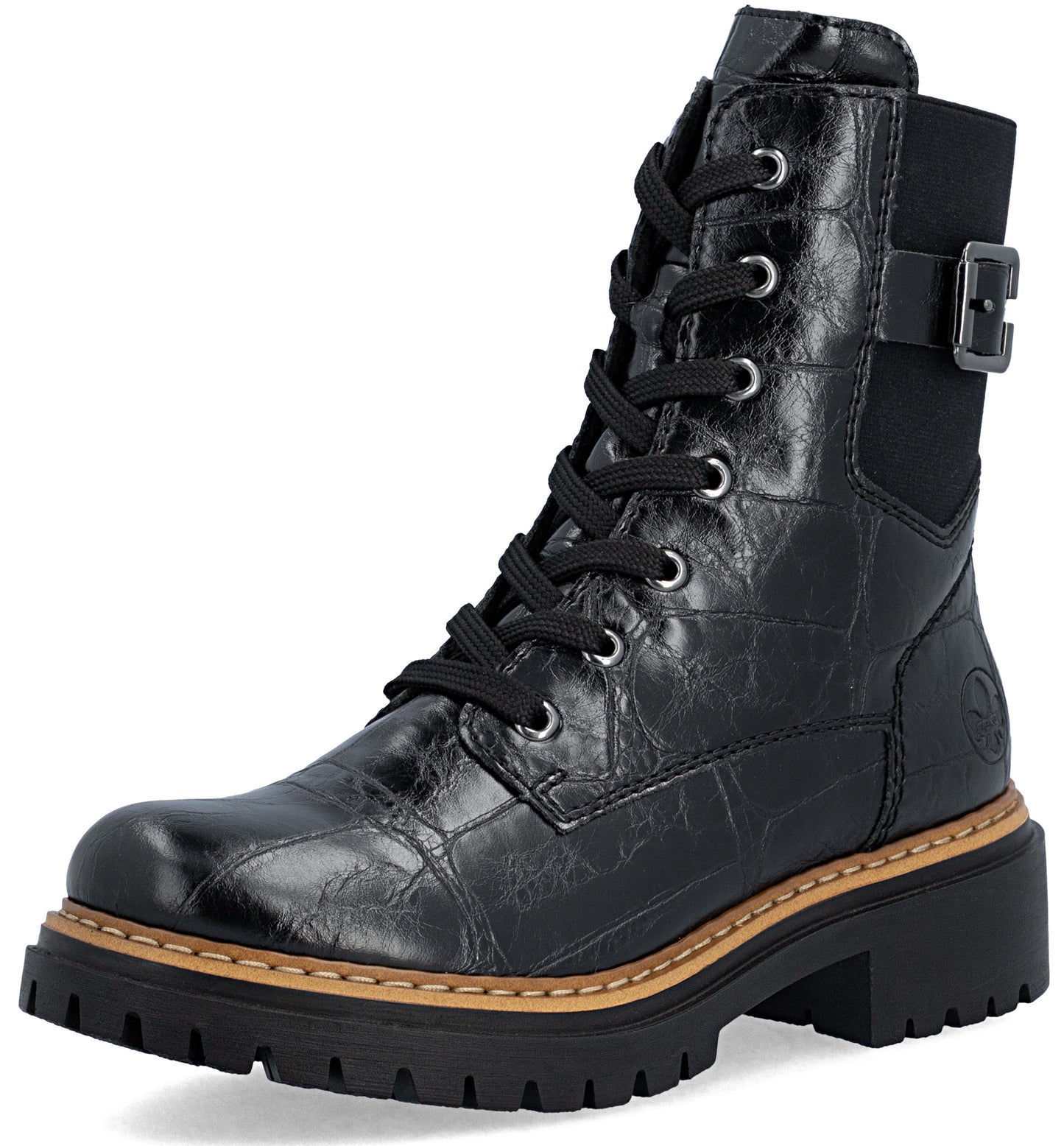 A black ankle-length boot with a textured, crocodile-embossed finish. It features black laces, a side buckle strap, and a chunky, thick lug sole with a tan welt trim.
