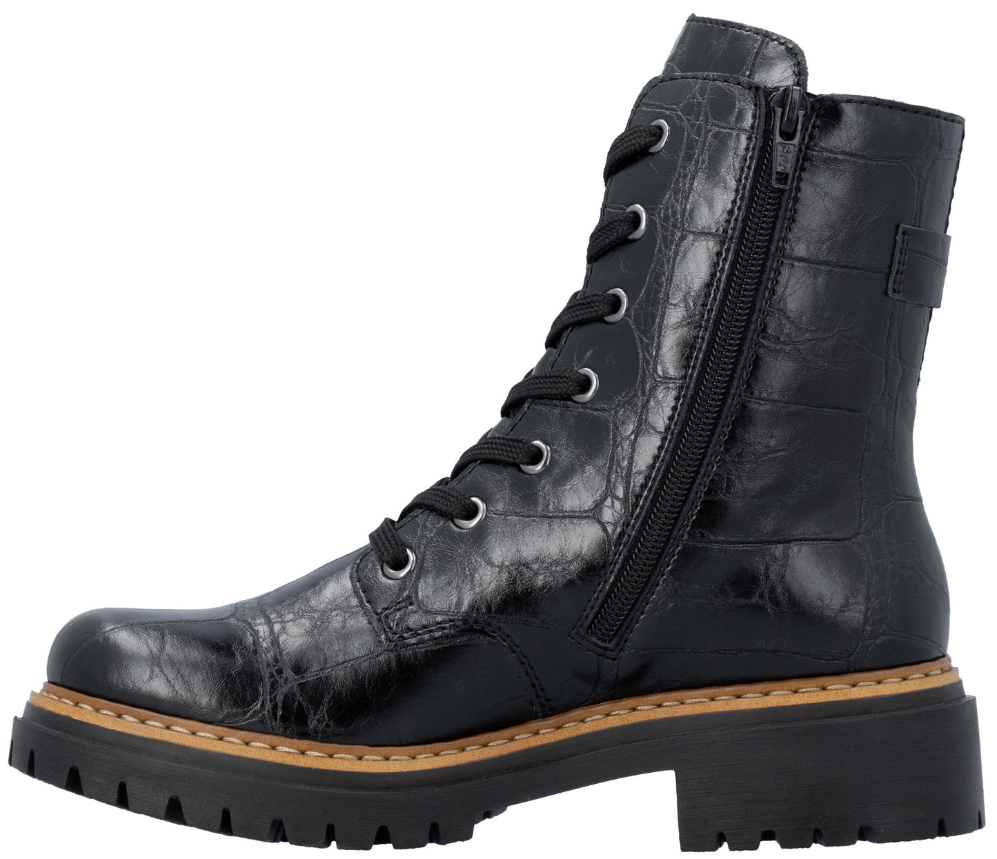 A black ankle boot with a faux-croc texture, featuring a lace-up front, a side zipper, and a chunky, thick, lugged rubber sole with a tan welt.