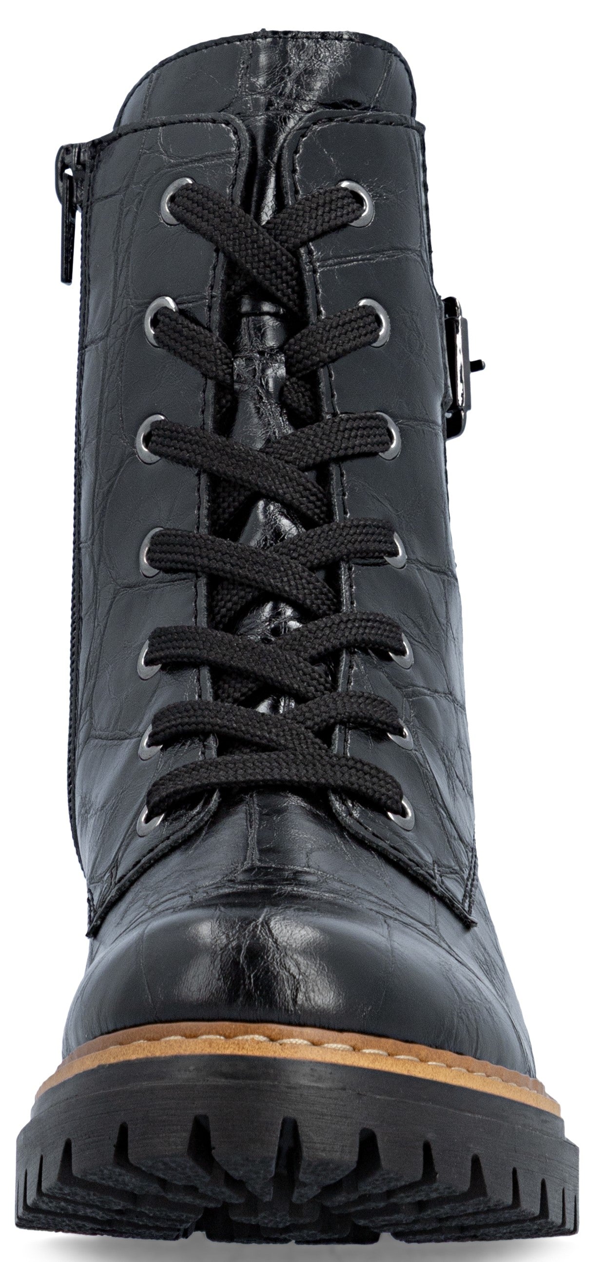 A black, lace-up, textured faux-leather combat boot with a side zipper, a decorative buckle on the outer side, and a chunky lug sole.