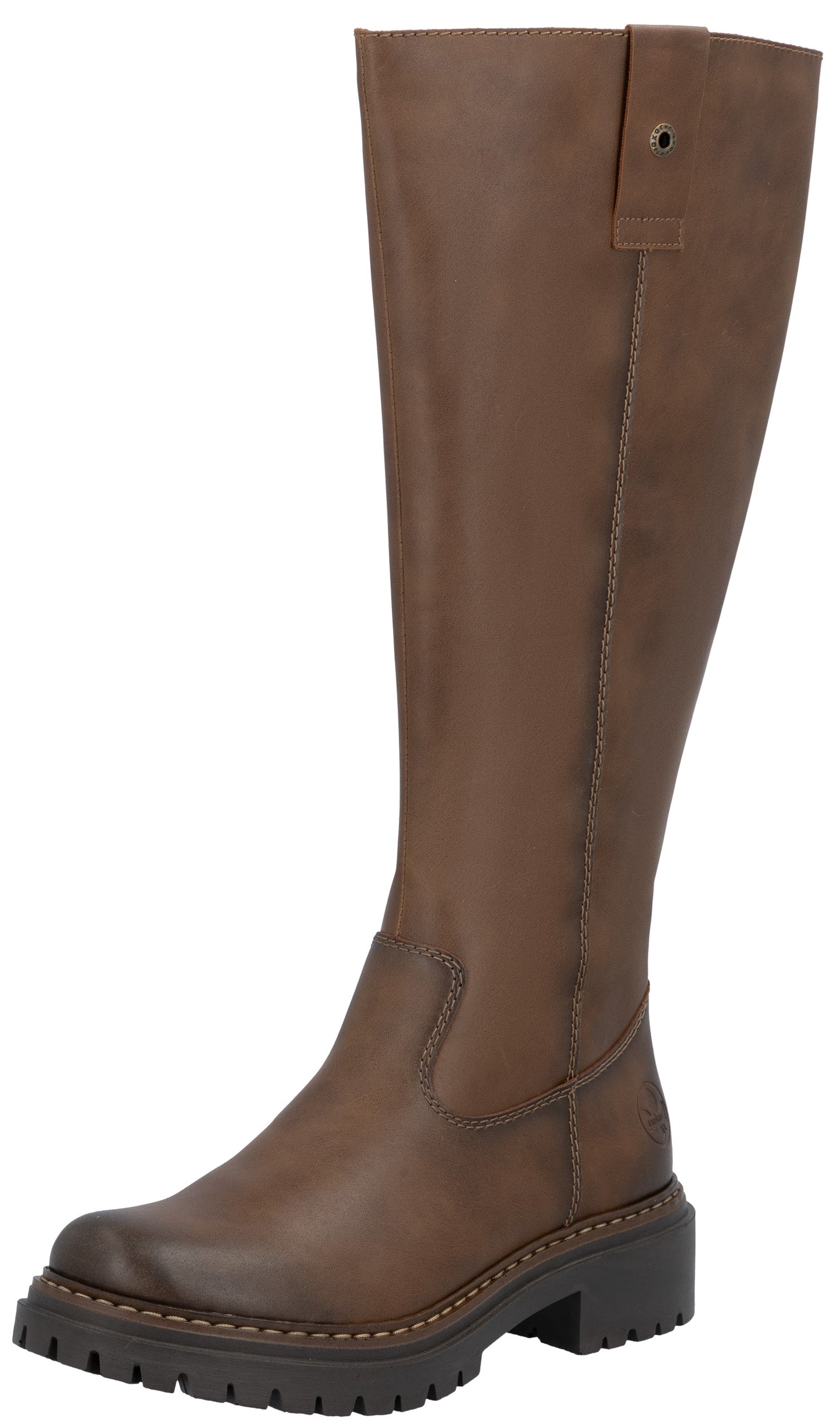 A brown leather knee-high boot featuring a thick, lugged rubber sole with visible stitching, a rounded toe, and a decorative strap detail with a small metallic rivet at the top of the shaft.
