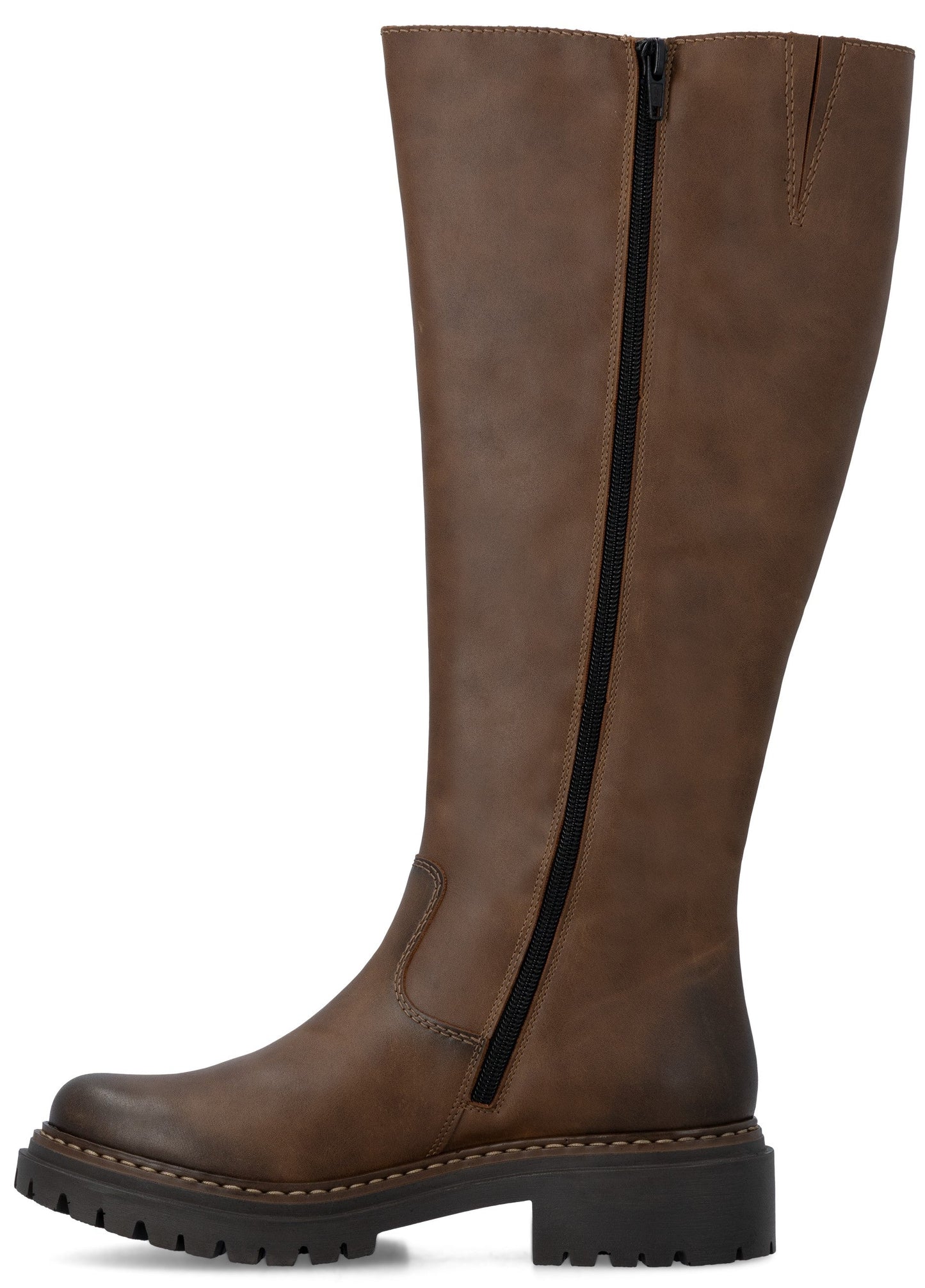 A brown knee-high leather boot with a side zipper, rounded toe, and thick, lugged black rubber sole.