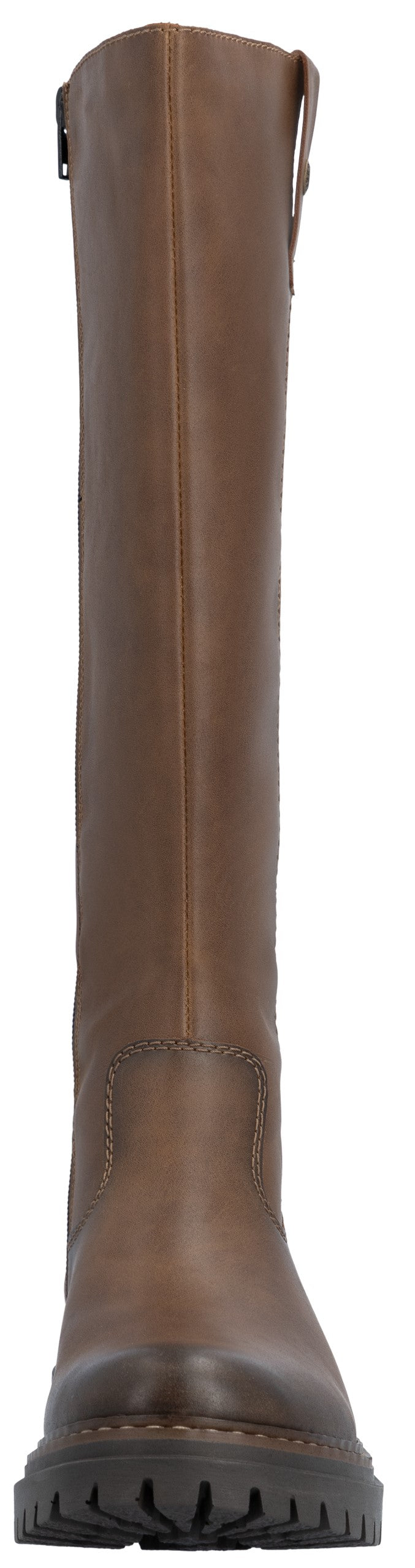 A brown leather knee-high boot with a thick lug sole, a round toe, and a side zipper closure.