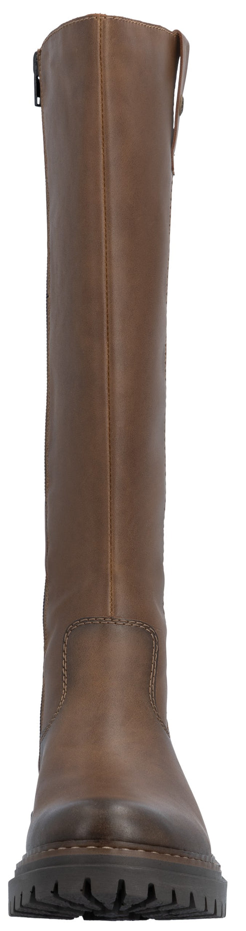A brown leather knee-high boot with a thick lug sole, a round toe, and a side zipper closure.