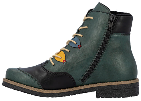 Green ankle boot with laces, zipper, and colorful decorations
