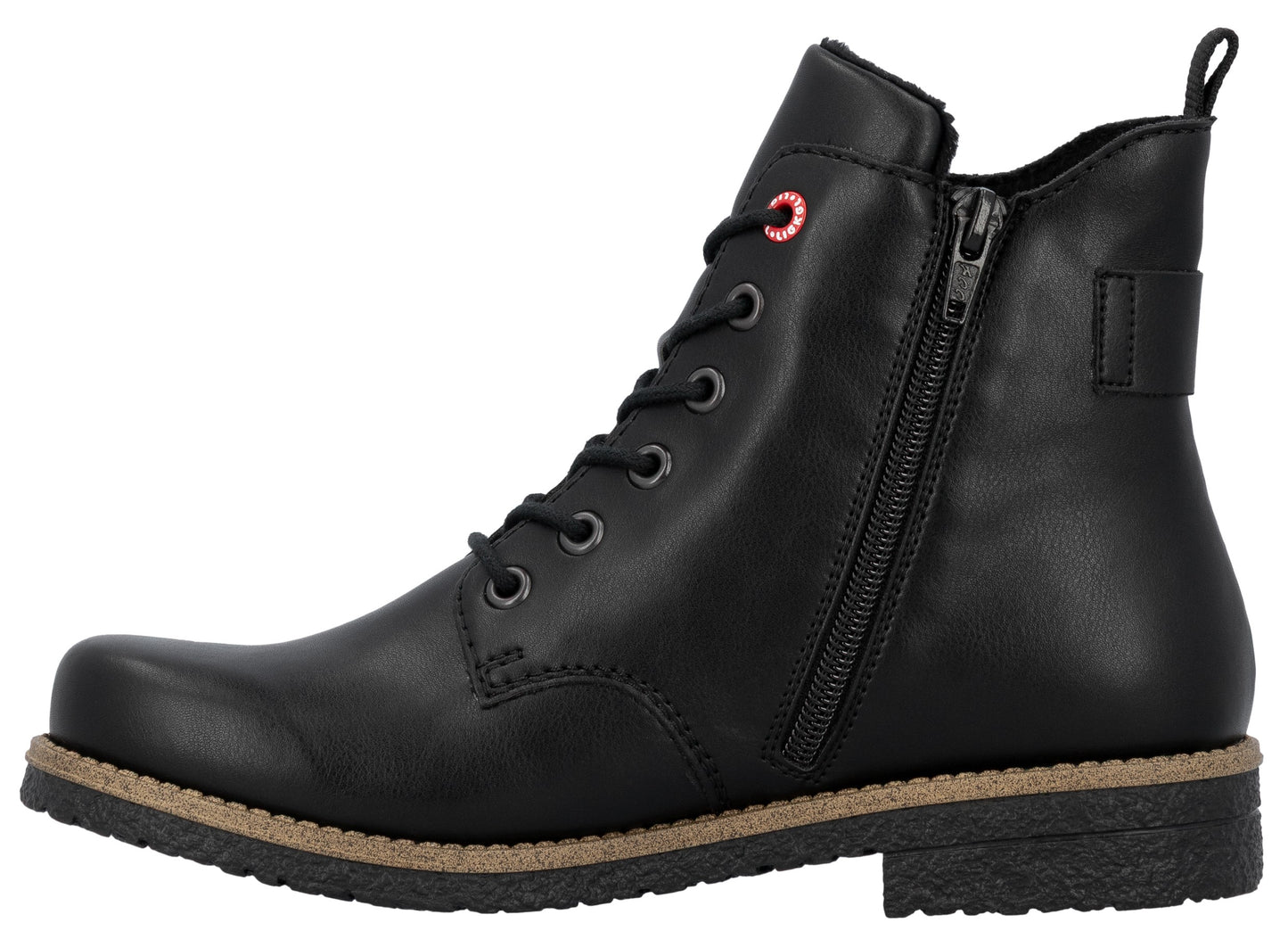 Black ankle-high lace-up boot with side zipper and stacked heel.