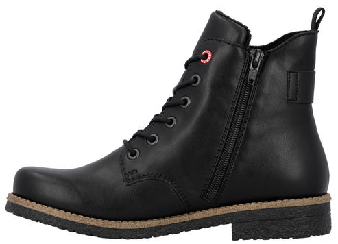 Black ankle-high lace-up boot with side zipper and stacked heel.