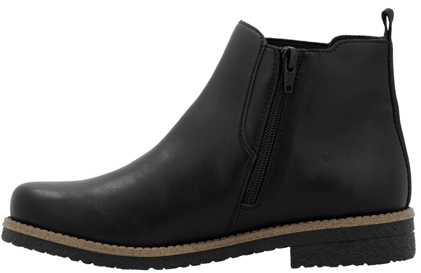 Black ankle boot with a side zipper.