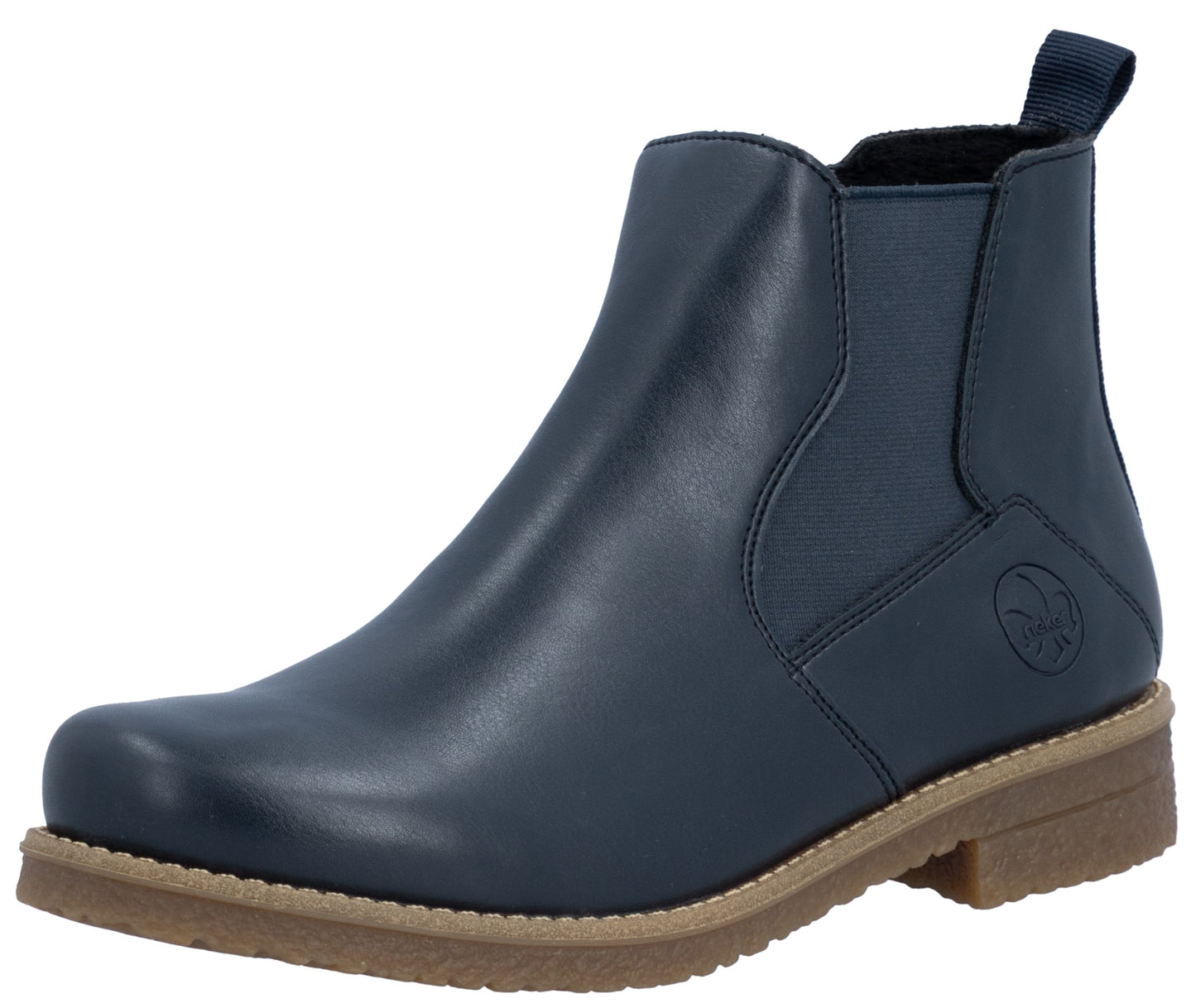 A dark navy blue leather Chelsea boot with a tan textured rubber sole, a pull tab at the heel, and a subtle circular logo embossed on the side.