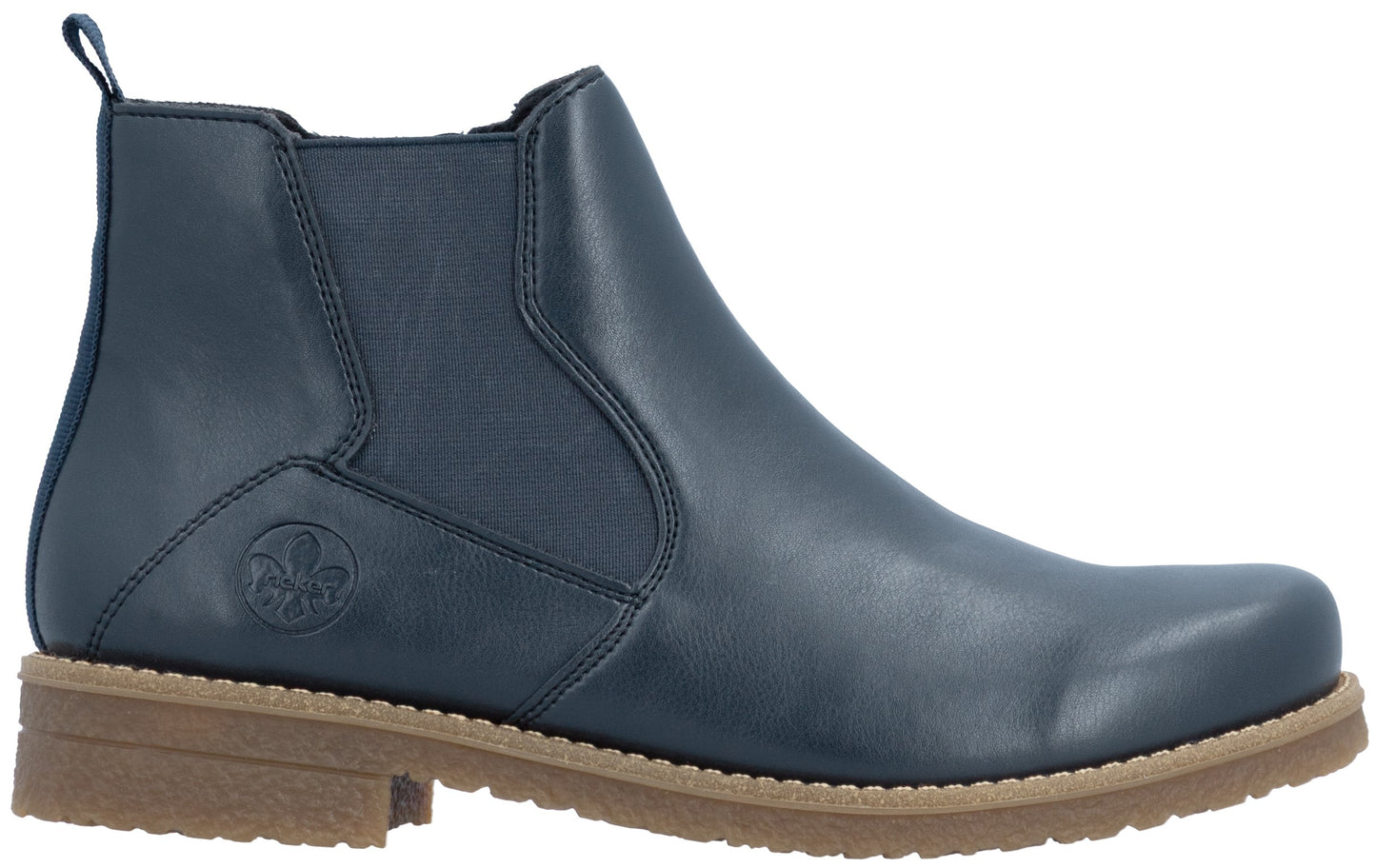 A navy blue leather Chelsea boot with elastic side panels, a brown rubber sole with a slight heel, and a branded circular emblem on the side.