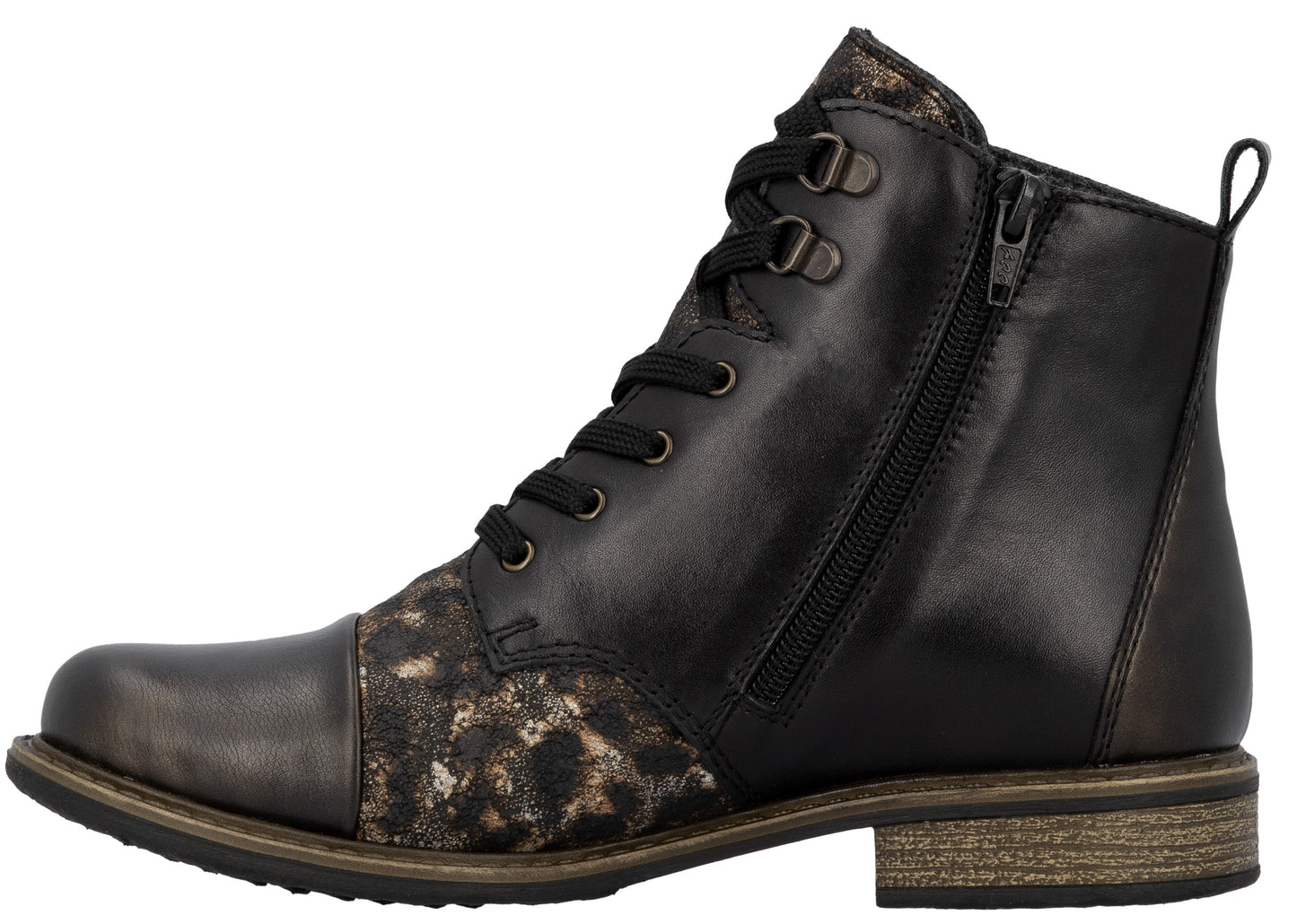 Side-view of a black ankle-high boot with front laces and a side zipper. The boot features decorative patterned sections on the toe and ankle.