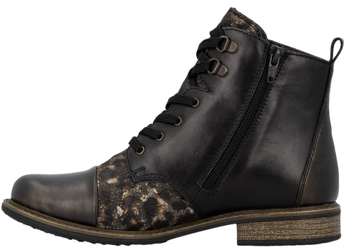 Side-view of a black ankle-high boot with front laces and a side zipper. The boot features decorative patterned sections on the toe and ankle.