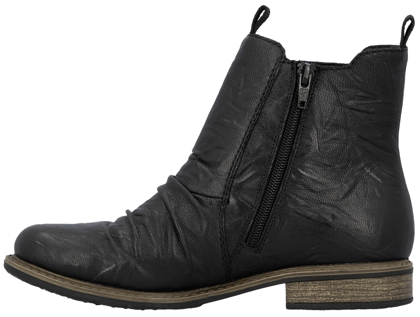 Side view of a black ankle boot with a zipper closure.