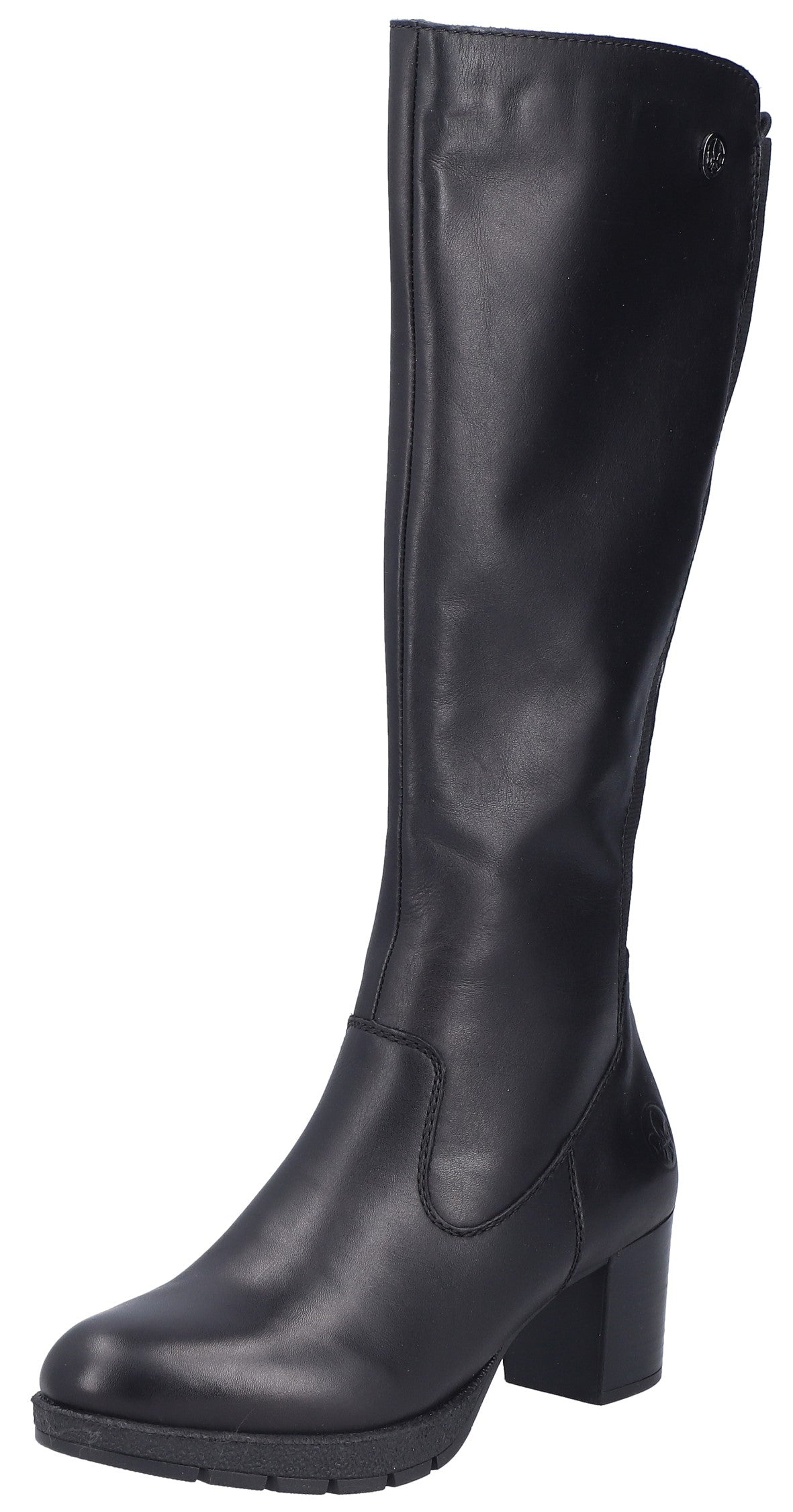 A black, knee-high leather boot with a block heel, a rounded toe, and a sturdy lug sole.