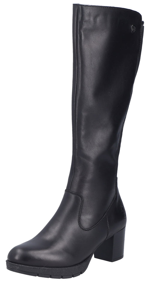 A black, knee-high leather boot with a block heel, a rounded toe, and a sturdy lug sole.