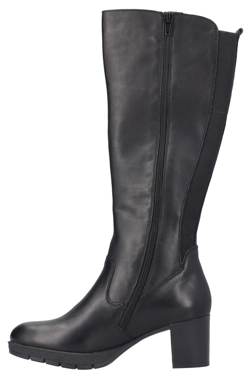 A black, knee-high boot with a side zipper and a block heel, featuring a solid leather-like front and a stretchy fabric panel on the calf.