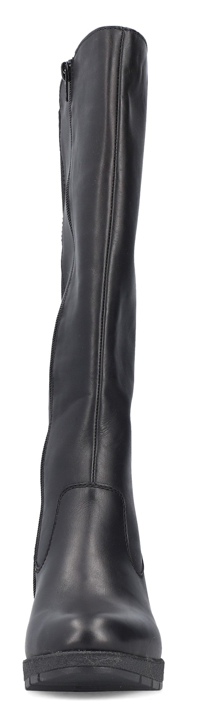 A black knee-high boot shown from a front-facing perspective, featuring a smooth leather-like material, a side zipper, and a low, sturdy heel with a lugged sole.