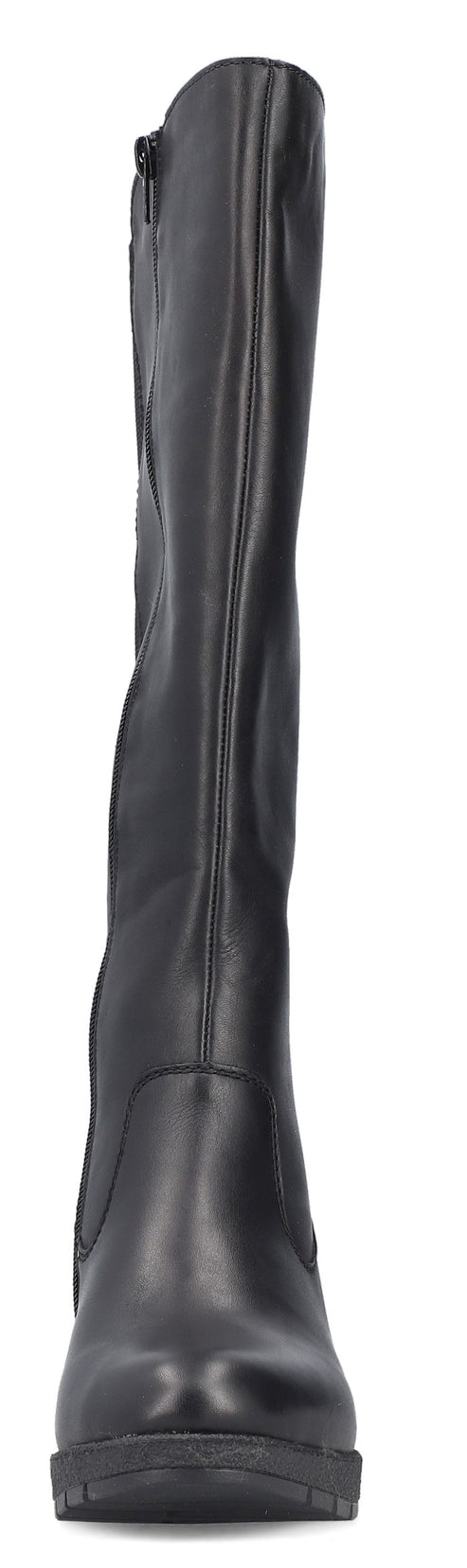 A black knee-high boot shown from a front-facing perspective, featuring a smooth leather-like material, a side zipper, and a low, sturdy heel with a lugged sole.